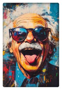 A vibrant contemporary painting of Einstein wearing sunglasses and sticking his tongue out.