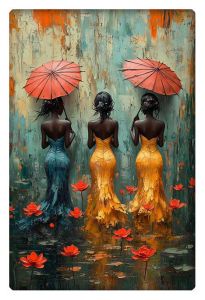 Three elegant African women in vibrant dresses, holding red umbrellas, stand among blooming water lilies in a surreal, textured painting.