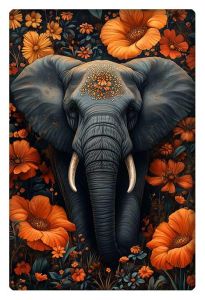 An elegant digital artwork of a majestic African elephant surrounded by vibrant orange flowers, exuding a sense of peace and beauty.