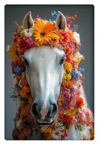 A graceful white horse wears an intricate garland of vibrant flowers in hues of orange, pink, yellow, and red, creating a striking contrast against its pure white coat.