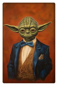 Yoda in a blue tuxedo with a bow tie, dressed stylishly in a formal portrait.