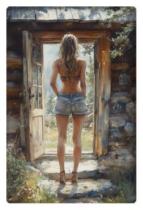 Watercolor painting of a woman standing at the entrance of a rustic cabin, gazing at the nature beyond.