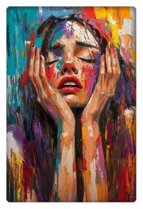 Vibrant abstract portrait of a woman with expressive colors covering her face, hands holding her head in deep emotion.