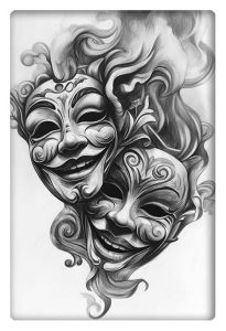 Intricate pencil drawing of two ornate theatrical masks, one depicting happiness and the other sadness.