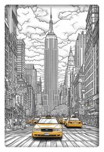 A detailed black-and-white illustration of New York’s Empire State Building with yellow taxis driving through busy streets lined with people and tall buildings.