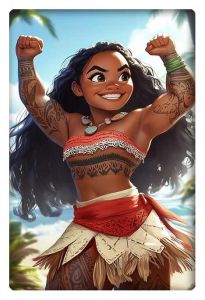 A powerful depiction of Moana, flexing her arms in a triumphant pose with tribal tattoos, showcasing her strength and warrior spirit.