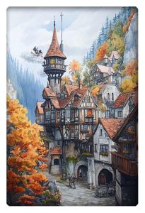 A whimsical, autumn-colored village with medieval-style half-timbered houses, steep rooftops, and a tall tower, surrounded by trees and nestled against a mountainous backdrop.