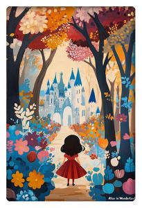 A vibrant illustration of a girl in a red dress standing before a magical castle surrounded by colorful trees and flowers.