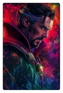 Doctor Strange in a colorful and vibrant movie poster-style art with magical, glowing elements.