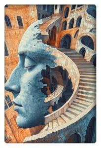 A surreal depiction of a human face partially disintegrating into a spiral staircase, leading into a labyrinthine cityscape of arches and ancient buildings. The head is made of stone-like textures, seamlessly merging with the architectural elements.