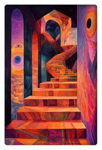 Abstract artwork of infinite stairs in vibrant oranges and purples, blending psychedelic patterns with surreal architecture.