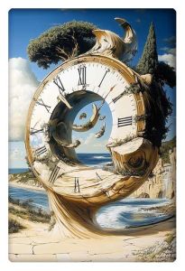 A surreal artwork of a melting clock with Roman numerals, set against a coastal landscape.