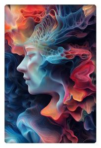 A vibrant, AI-generated abstract artwork featuring a serene human profile enveloped in fluid, organic shapes and vivid colors, including blues, reds, and yellows, creating a surreal, dreamlike atmosphere.