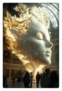 A grand sculpture of a glowing, ethereal female face with intricate details, displayed in a museum setting, with light streaming from behind, creating an aura-like effect.