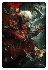 Surreal artwork of an ethereal musician in a red coat playing a string instrument, surrounded by mystical elements and floating creatures.