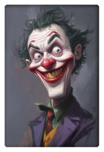 Comically exaggerated portrait of The Joker with a wide grin and vibrant clown makeup.