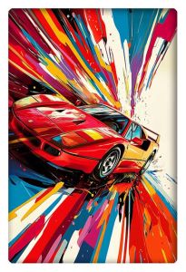 A striking abstract artwork of a red Ferrari bursting through vibrant splashes of color, symbolizing high speed and dynamic energy.