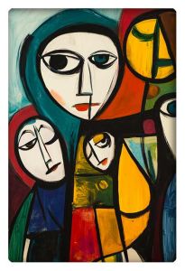 Abstract painting featuring large, expressive faces in bold colors and geometric shapes.