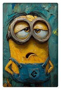 A textured oil painting of a Minion with a thoughtful expression, inspired by Van Gogh’s signature brushstrokes.