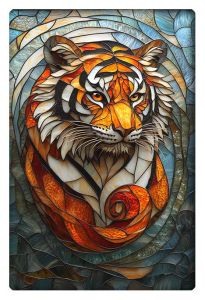 Stunning stained glass artwork featuring a bold and detailed tiger, with vibrant orange, white, and brown hues creating a striking 3D effect.