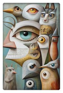 Abstract composition featuring animals and human-like features with large eyes, blending surrealism and whimsical design.