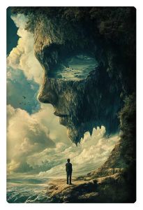 Surreal landscape of a large, cliff-shaped human face overlooking a lone figure by the sea.