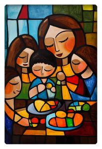 Abstract painting of a family sharing a meal together, using bold geometric shapes and vibrant colors.