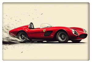 A sleek side view of the iconic red 1957 Ferrari 250 Testa Rossa, skidding in motion with a dynamic racing feel.