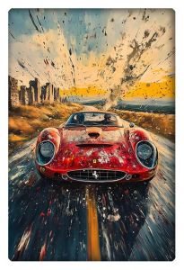 A red Ferrari 250 GTO zooms forward in an energetic scene with vibrant splatters of paint highlighting its speed and intensity.