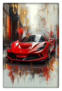 Abstract painting of a red Ferrari set against a dynamic backdrop with blurred, vibrant colors symbolizing speed and energy.