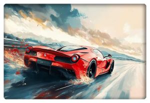 Digital artwork of a red Ferrari LaFerrari speeding down a wet racetrack, surrounded by splashes and dramatic skies.