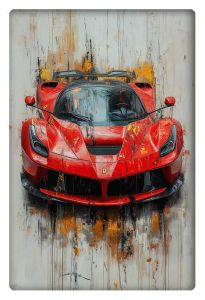 Abstract painting of a red Ferrari with splashes of paint, blending luxury with dynamic, high-speed energy.