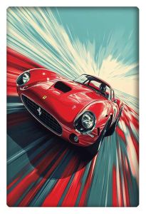 Classic red 1957 Ferrari 250 Testa Rossa racing forward, surrounded by dynamic red and blue motion streaks.