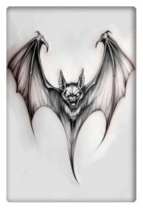 Intricately detailed black-and-white tattoo design of a bat in mid-flight with outstretched wings.