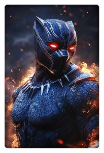 Black Panther with glowing red eyes, surrounded by flames in a dramatic setting.