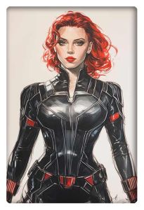 Sketch of Black Widow in her iconic black tactical suit with red accents and her signature red hair.