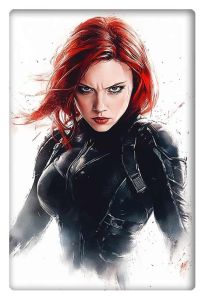 Black Widow in dynamic watercolor style, with vibrant red hair and intense expression, ready for action.