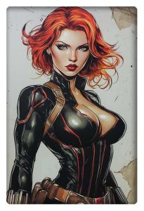 Black Widow in her signature black suit, confidently standing, ready for action.