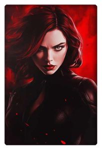 Bold Black Widow in a fiery red background, exuding fierce determination and power.