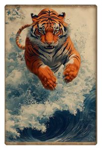 A powerful tiger leaping through crashing ocean waves in a dynamic, artistic depiction