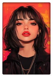 A vibrant digital portrait of an anime-style woman with short dark hair and bold red lips.