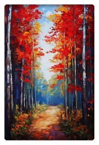 Oil painting of a vibrant forest with tall red and green trees.