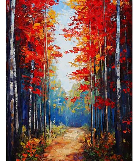 Oil painting of a vibrant forest with tall red and green trees.