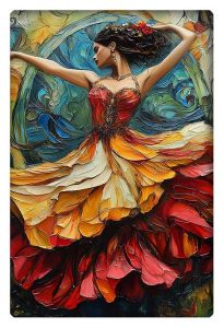 Vibrant painting of a flamenco dancer in a flowing red and yellow dress.