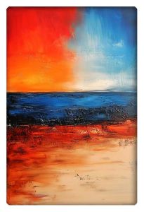 Vibrant abstract artwork of a dramatic horizon blending fiery red and cool blue colors, evoking a sense of nature and emotion