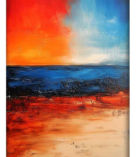 Vibrant abstract artwork of a dramatic horizon blending fiery red and cool blue colors, evoking a sense of nature and emotion