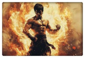 Bruce Lee-inspired martial artist engulfed in flames, exuding strength and power.