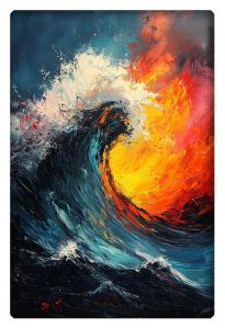 Vibrant abstract painting of a wave crashing against a fiery sunset sky.