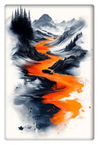 A striking abstract artwork of a river painted in vivid orange flowing through a mountainous landscape with dark, dramatic peaks.