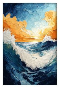 A vibrant Van Gogh-inspired painting depicting powerful ocean waves crashing under a bright, swirling sky.